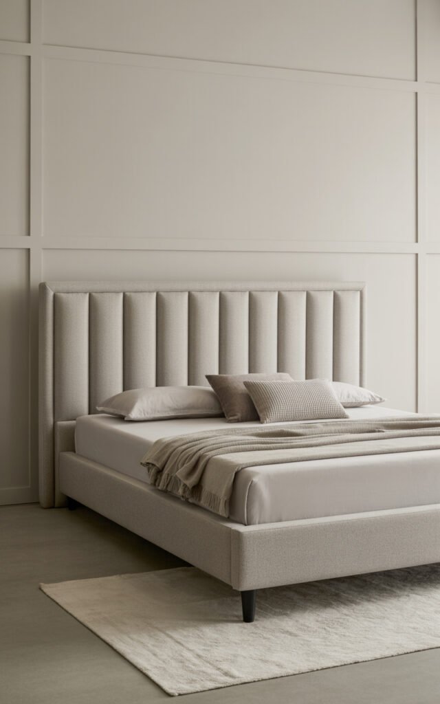 Low profile platform bed with gray channeled upholstered headboard showing clean modern design