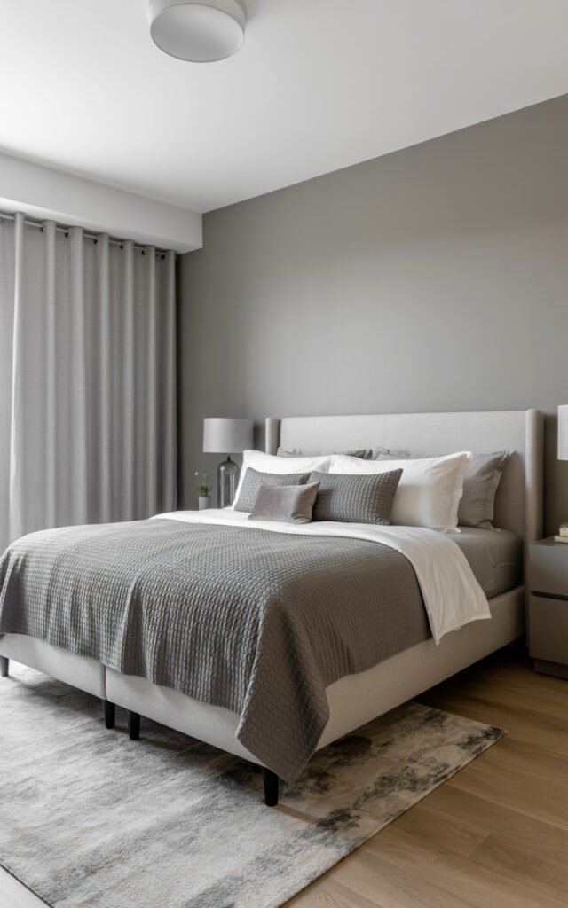 Modern bedroom using multiple shades of gray with white accents creating cohesive neutral palette