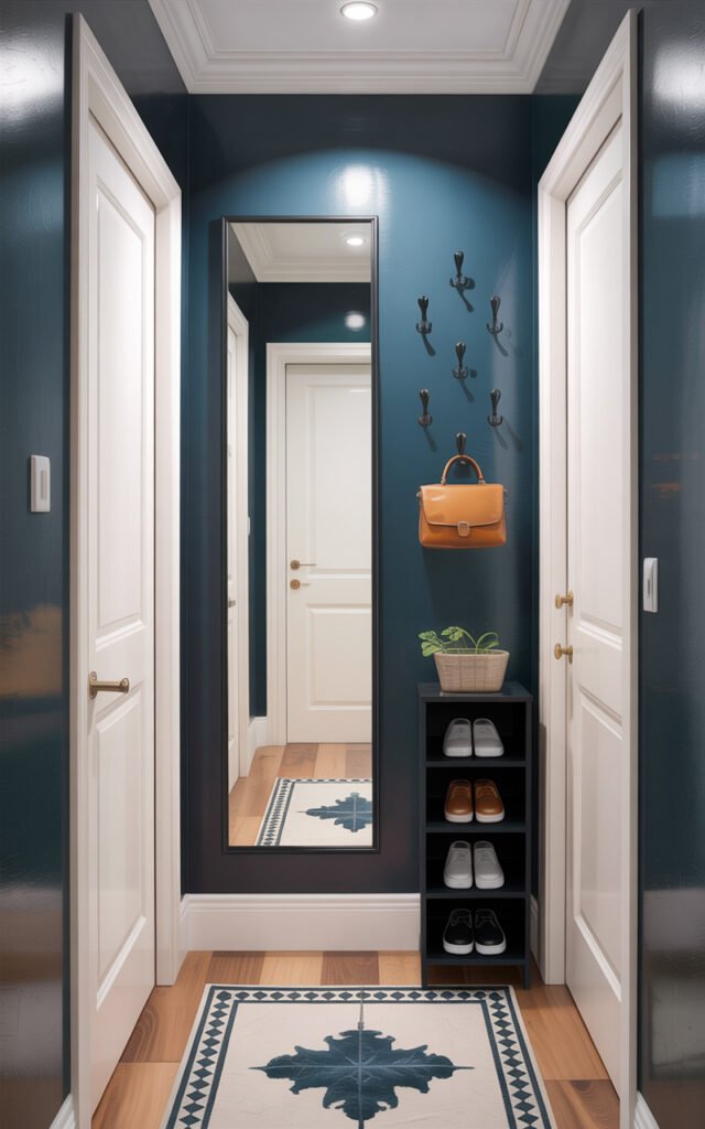 Narrow townhouse hallway with tall mirror wall hooks and slim storage for functional entryway