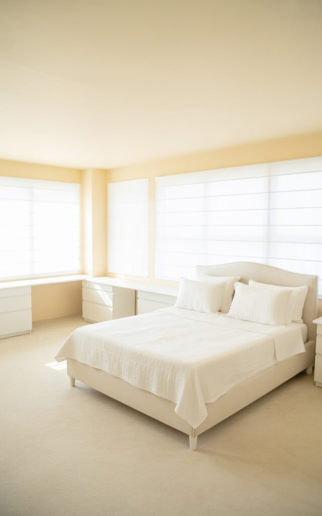 Neutral bedroom with cream walls and white furniture providing foundation for glamorous decor
