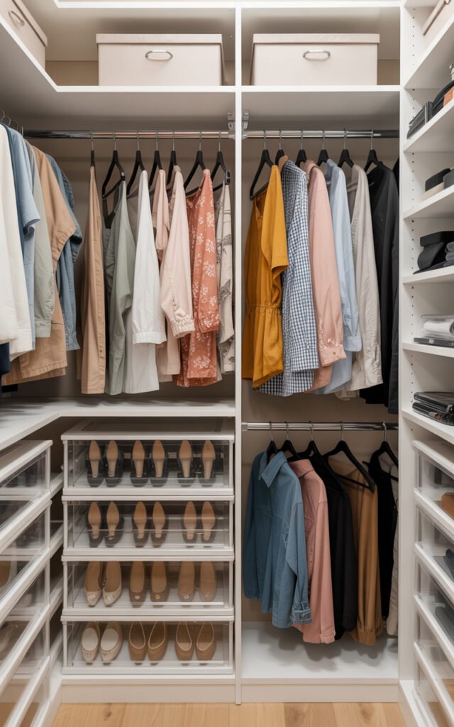 Detailed view of organized closet with matching hangers shoe shelves and storage boxes