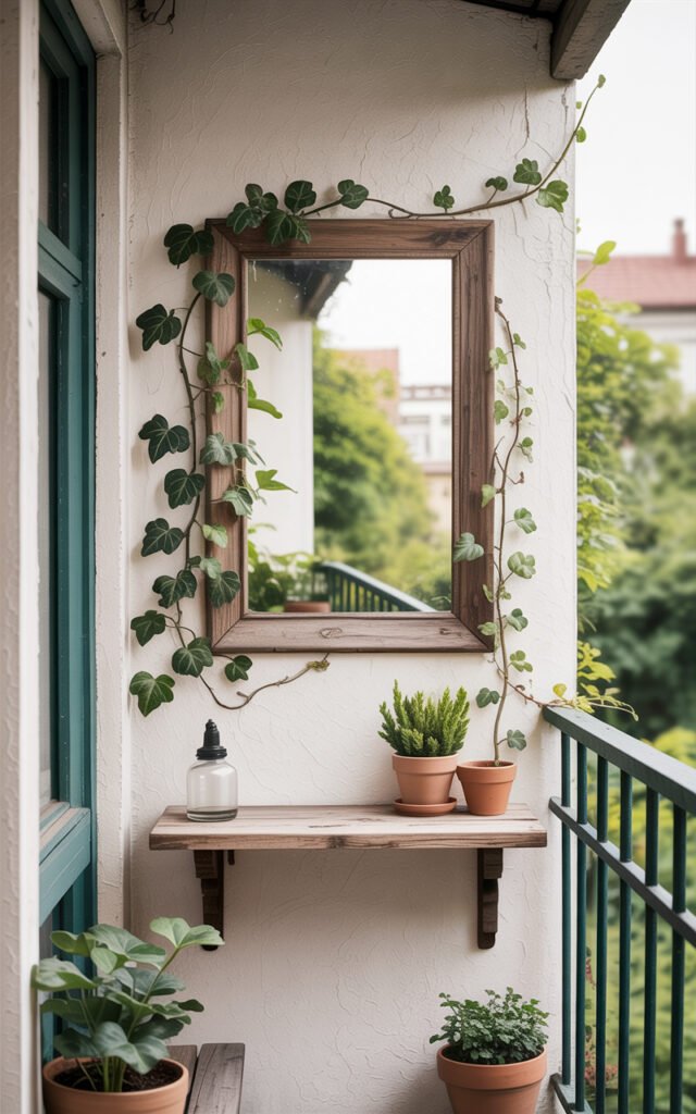 Rustic wood framed mirror on balcony wall with natural ivy growing around edges
