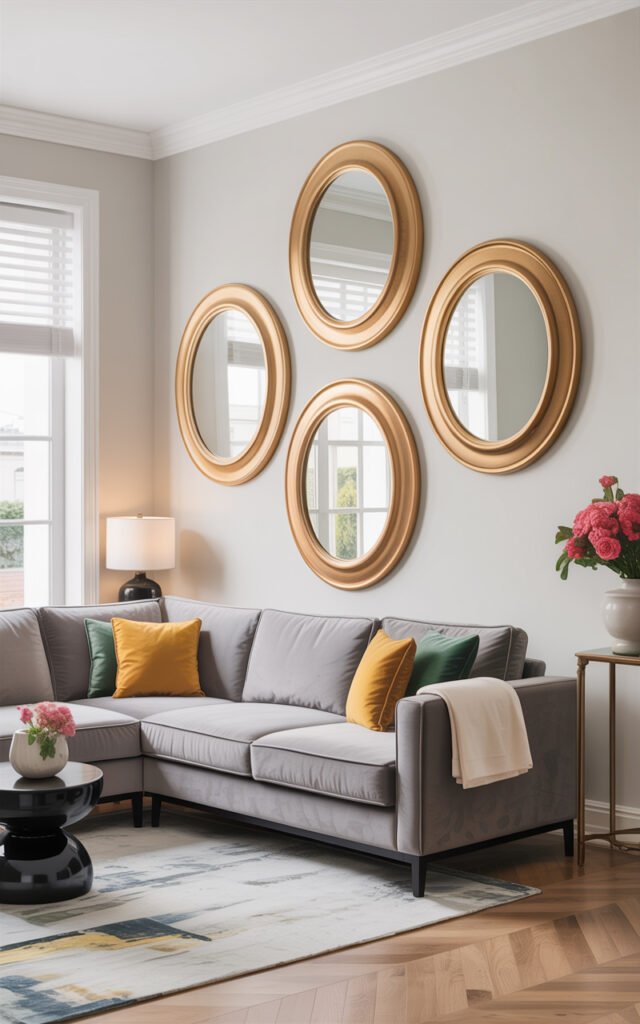 Four oval gold mirrors centered on wall above gray sectional sofa in modern living room