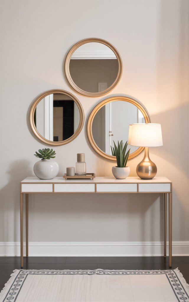 Gold oval mirrors above white console table styled with vase lamp and minimal decor items