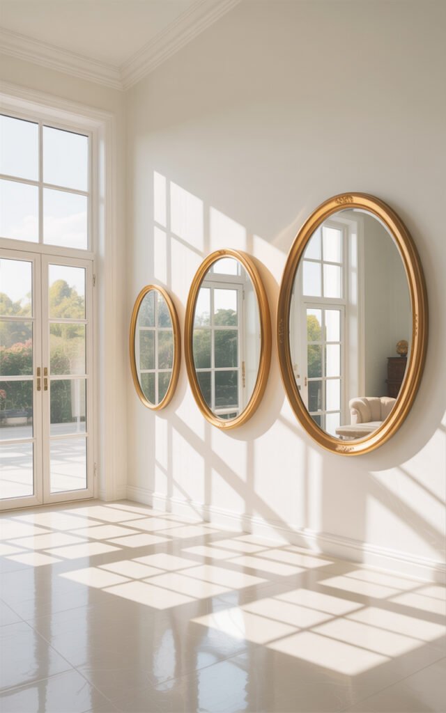 Gold framed mirrors positioned to reflect and multiply natural window light in bright room