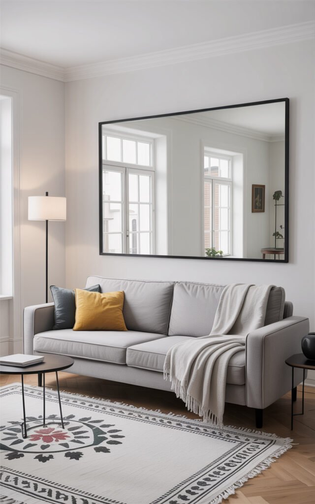 Large rectangular mirror with black frame positioned above gray sofa in minimalist Scandinavian style living room