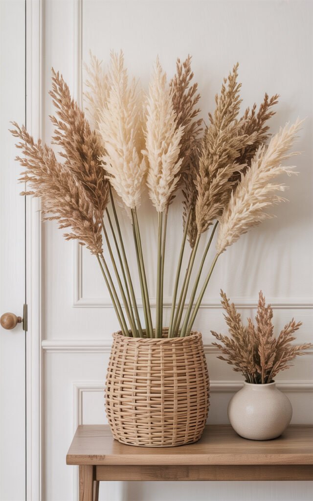 Tall pampas grass stems in woven vase on console table adding organic texture