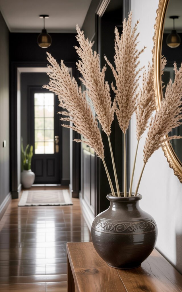 Pampas grass in vase on console table providing low maintenance organic texture in dark hallway