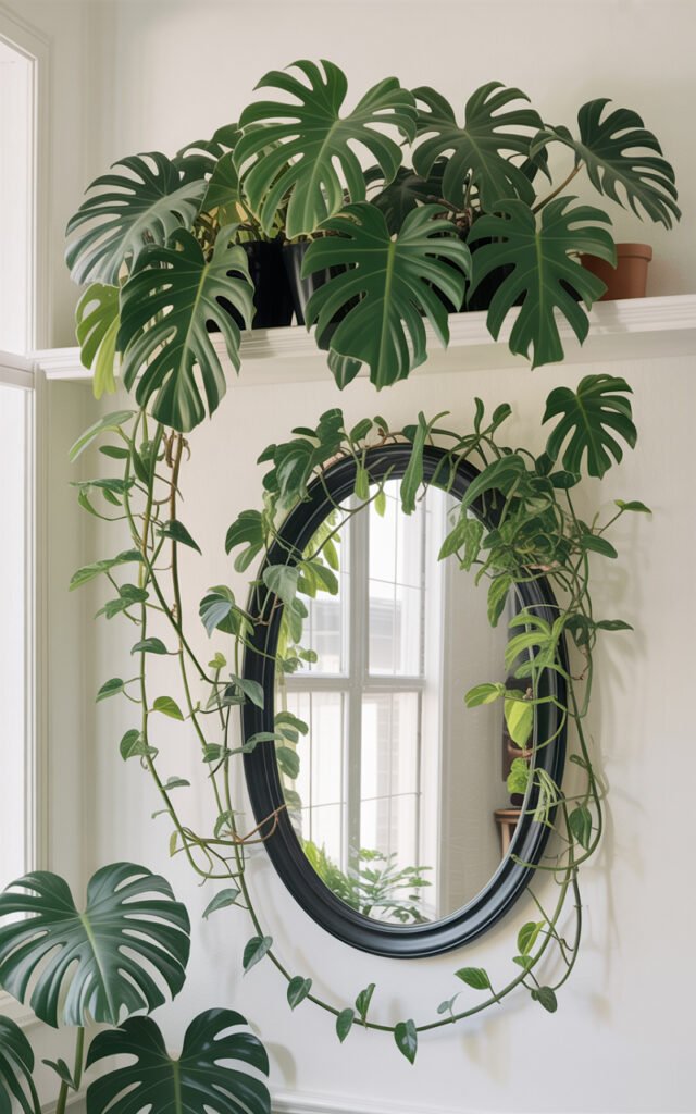 Real philodendron plant with long vines naturally growing over mirror creating effortless decor