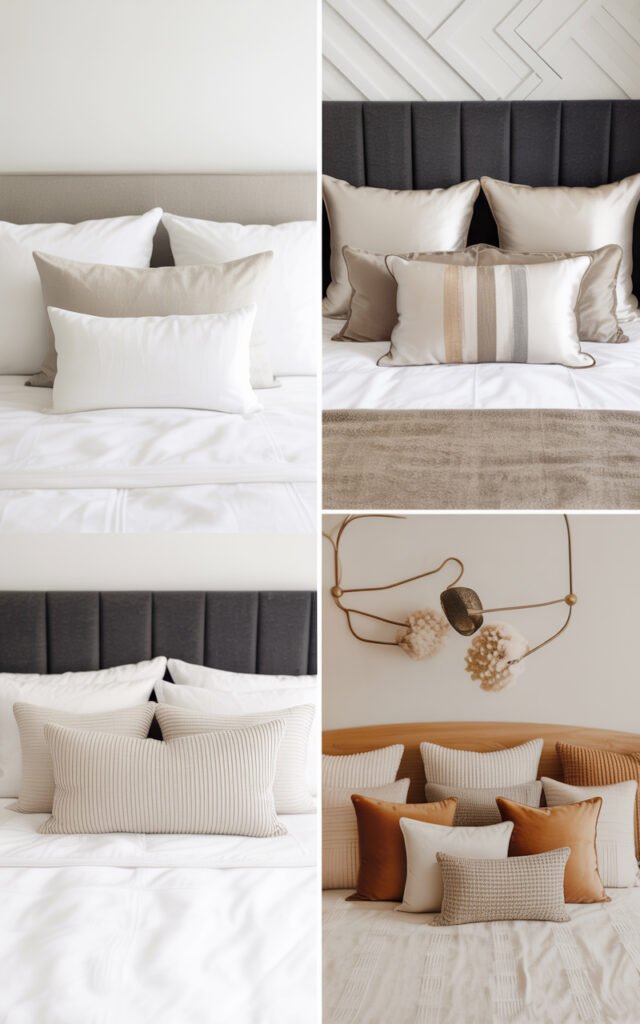 Three different pillow arrangements showing minimalist modern and cozy styling approaches