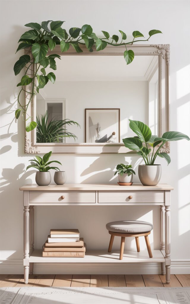 Living room mirror with real pothos plant cascading over frame corner above white console table