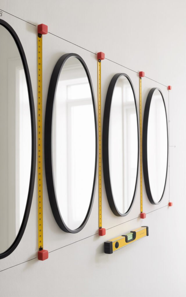 Four oval mirrors with measuring tape showing consistent 4 inch spacing between each mirror