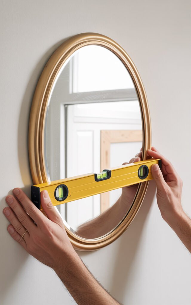  Hands using level tool to ensure oval gold mirror is straight during installation