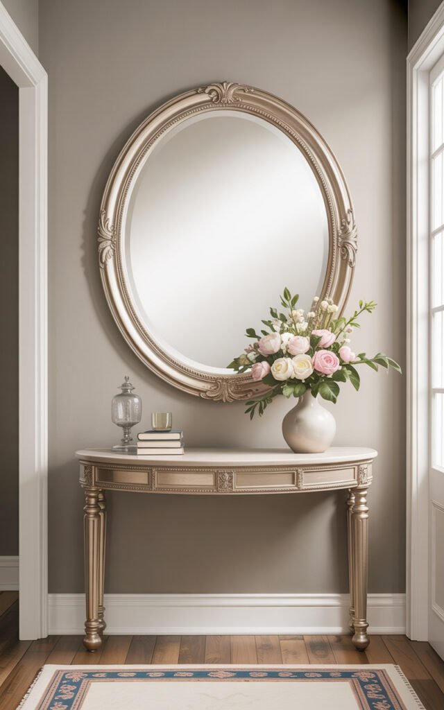 Oval framed mirror at correct gallery height above console table in hallway