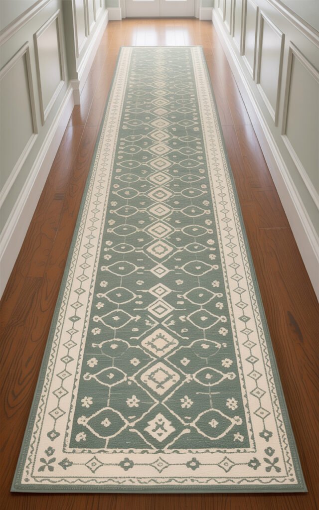 Long patterned runner rug with proper width proportions extending down hallway corridor