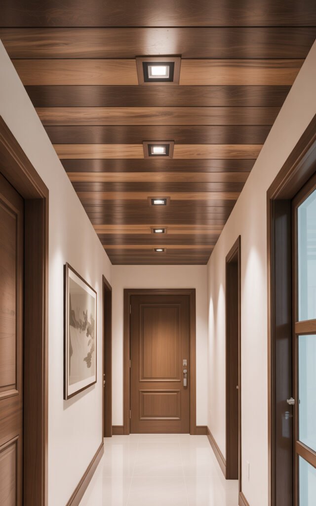 Recessed square ceiling lights spaced evenly along modern hallway with wood ceiling