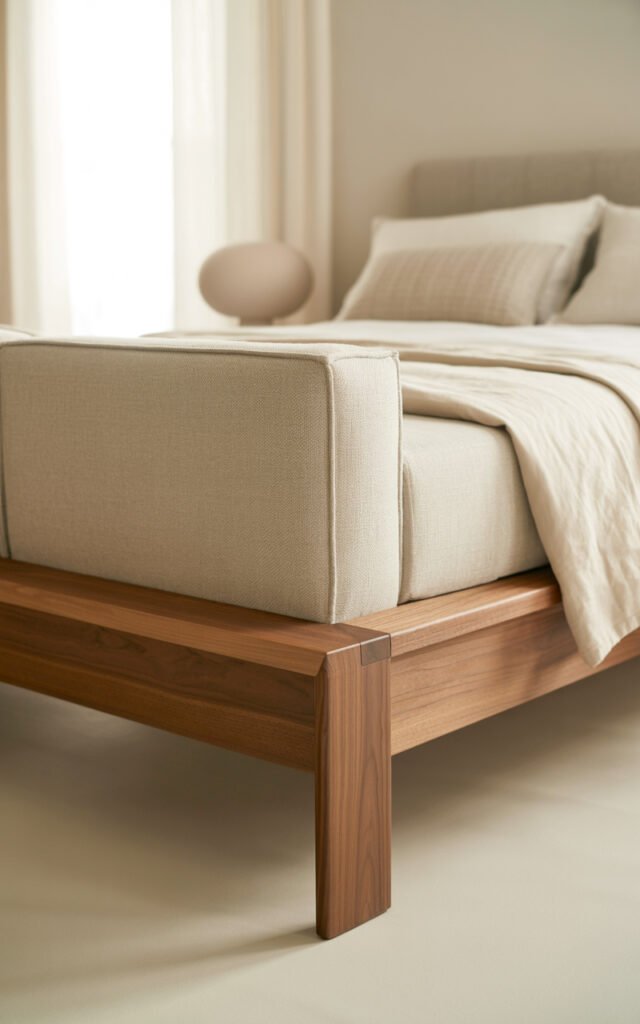 Platform bed frame in natural wood showing quality investment piece for modern bedroom
