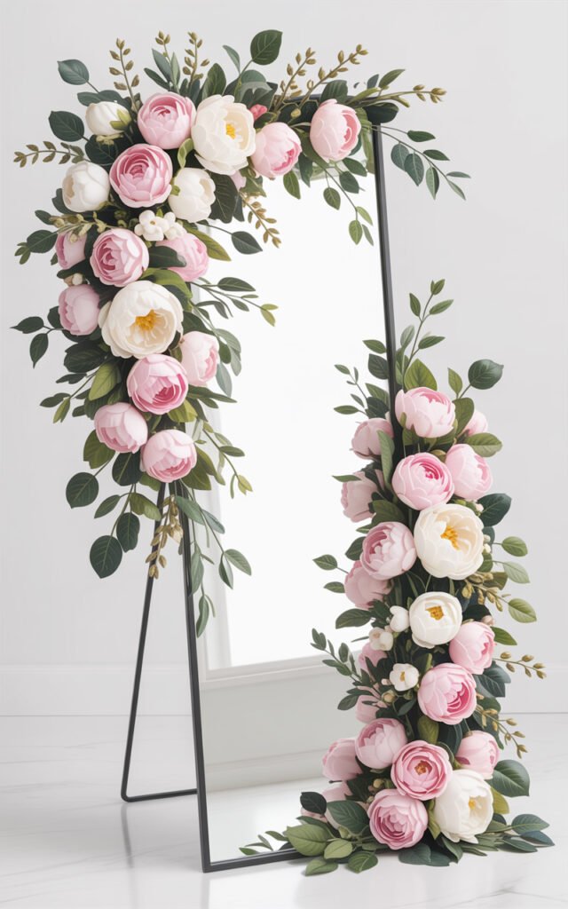 Standing mirror surrounded by pink roses white peonies and eucalyptus creating floral photo backdrop