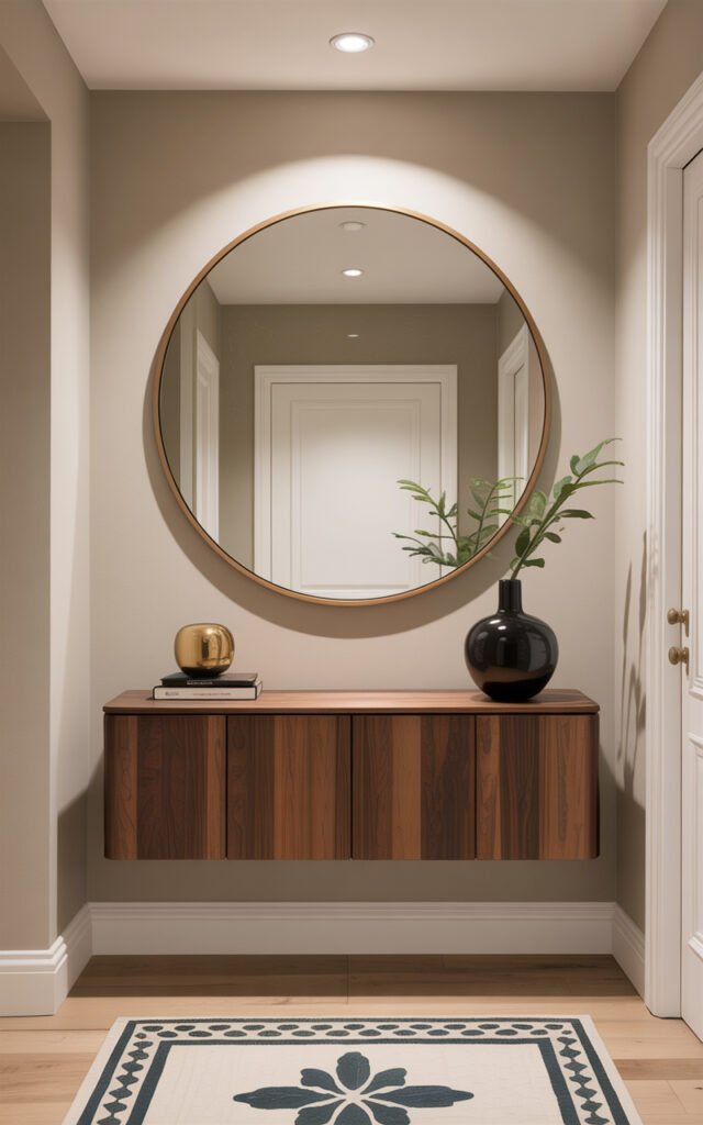 Large round mirror with gold frame above wooden floating console in modern entrance