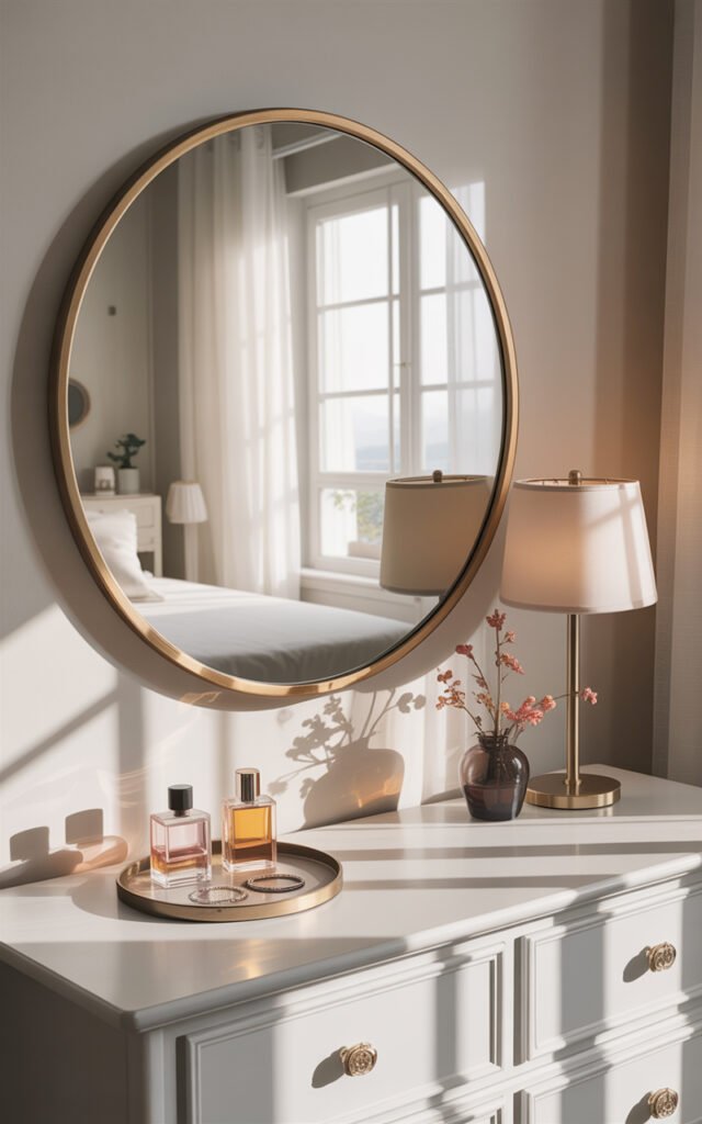 Circular mirror with gold frame positioned on white bedroom dresser with jewelry and decor items