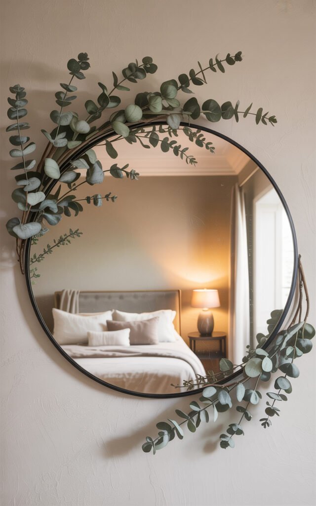 Black framed round mirror decorated with dried silver eucalyptus on neutral wall