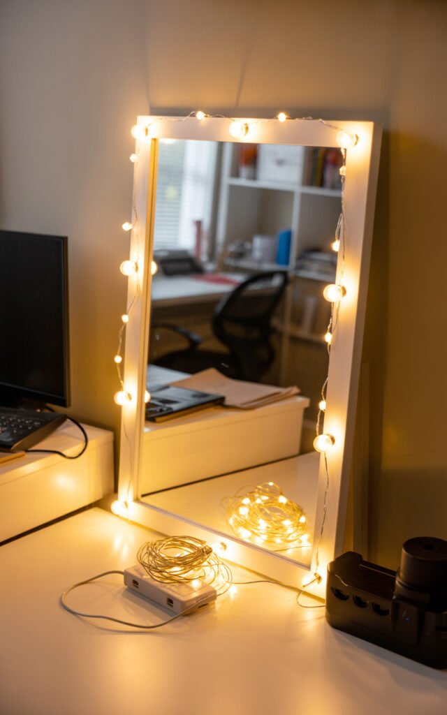 LED fairy lights safely installed around mirror showing proper fire safe dorm lighting