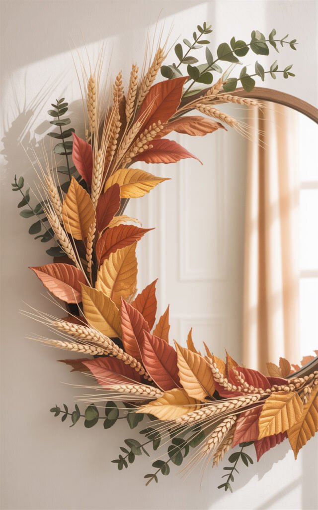 Mirror decorated with fall seasonal elements including rust leaves wheat stalks and dried greenery
