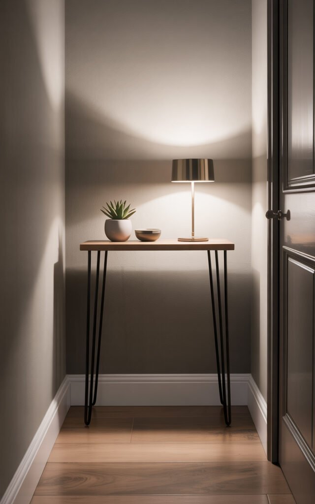 Narrow console table with open legs in small dark hallway not blocking walkway