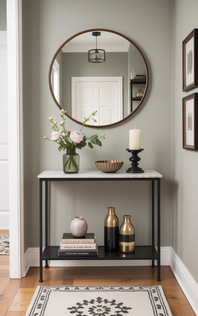 Narrow console table with marble top styled with vase flowers and decor in hallway