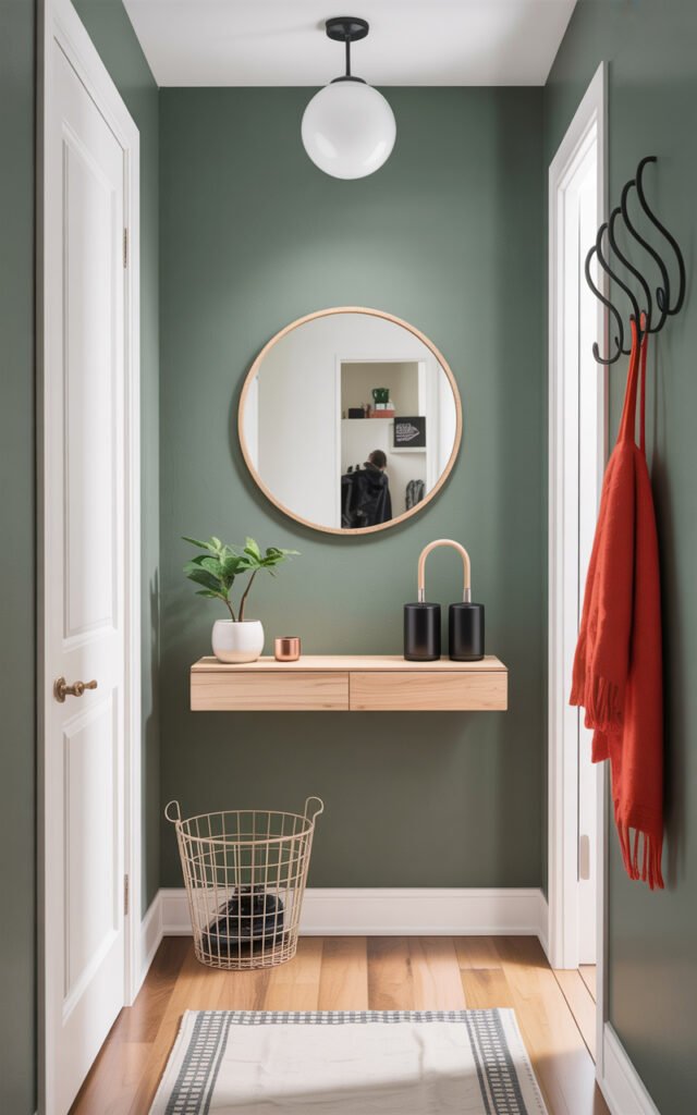 Compact apartment entryway with floating shelf small mirror and wall hooks maximizing small space