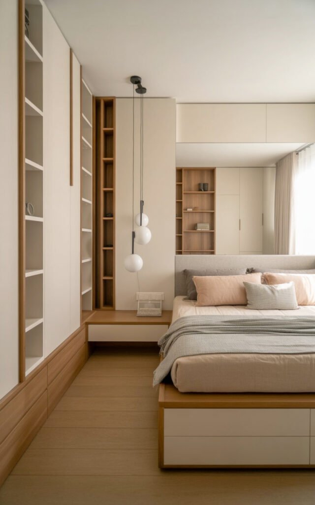Compact bedroom with platform storage bed and vertical storage showing small space solutions