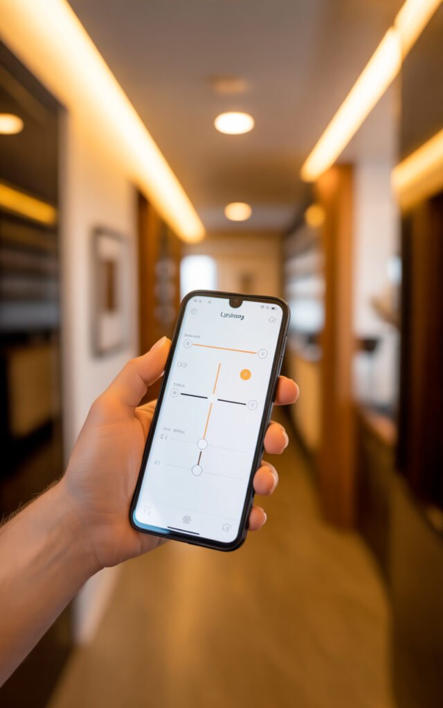 Smartphone app controlling smart bulb brightness and color temperature in modern hallway