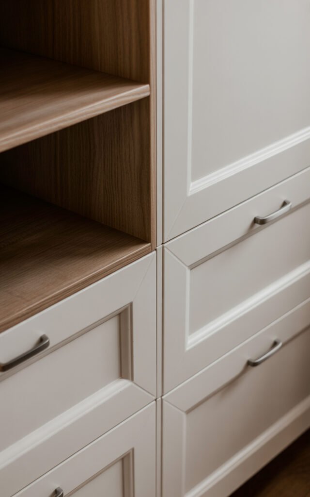 Close up of painted MDF built in showing smooth seamless finish and professional construction