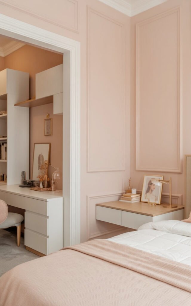 Blush pink walls with white furniture showing soft sophisticated feminine color scheme