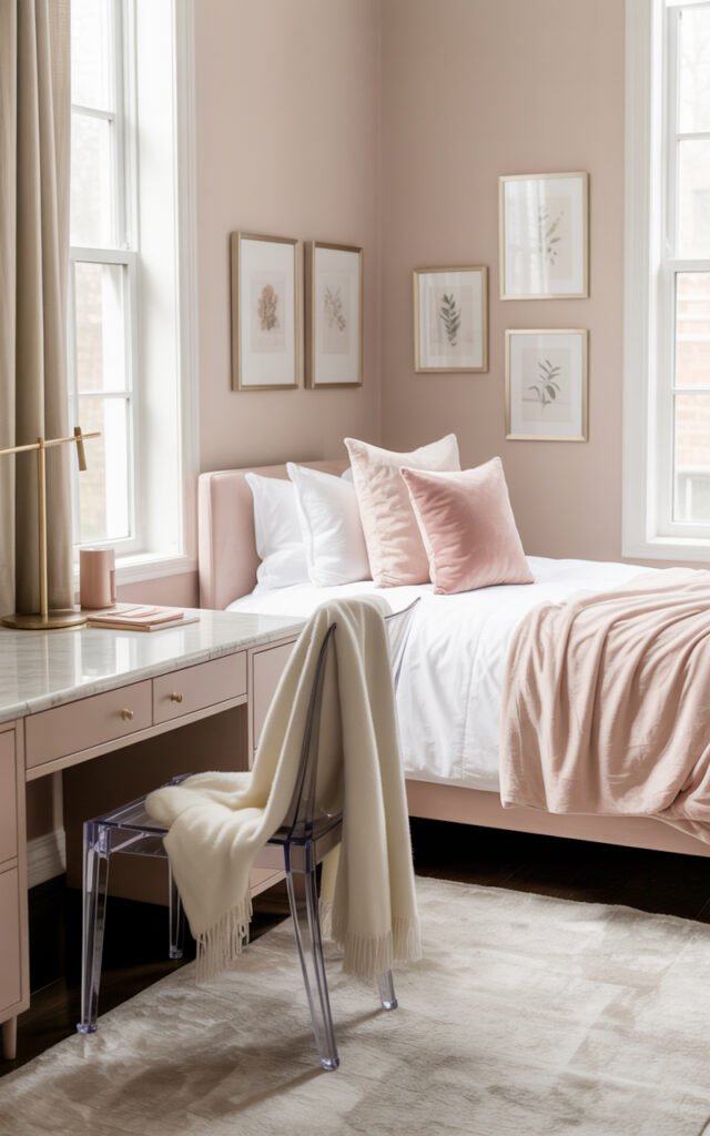 Girly dorm room with pink tones and soft textures showing sophisticated feminine design
