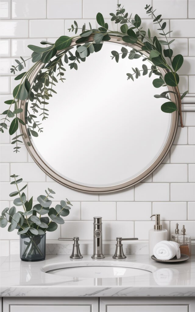 Modern bathroom mirror decorated with fresh eucalyptus stems across top edge above white vanity