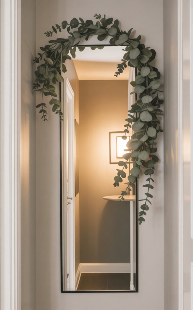 Narrow hallway mirror decorated with single eucalyptus garland in small apartment space