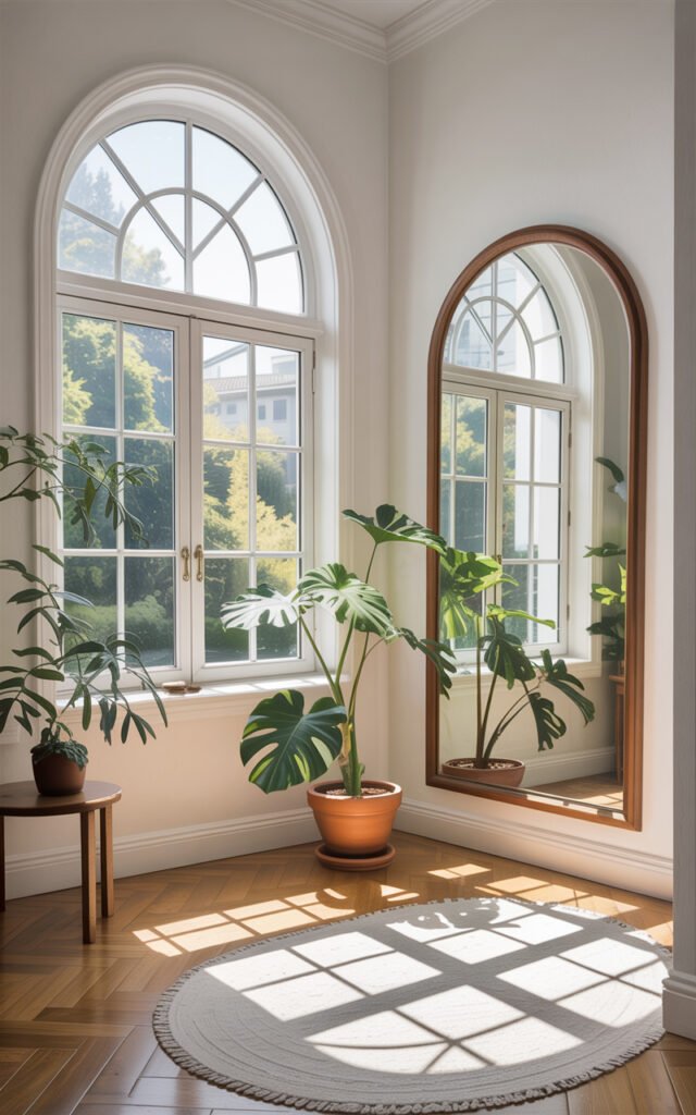 Arched mirror positioned across from window reflecting natural sunlight throughout bright airy room