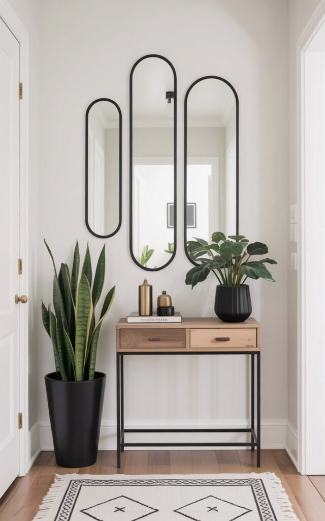 Black framed mirror wall above wooden console table with snake plant in modern hallway