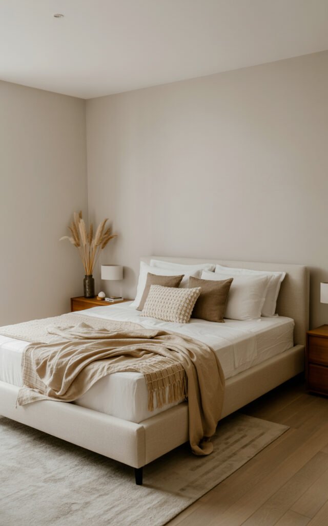 Bedroom blending modern clean lines with cozy textures showing successful style mixing