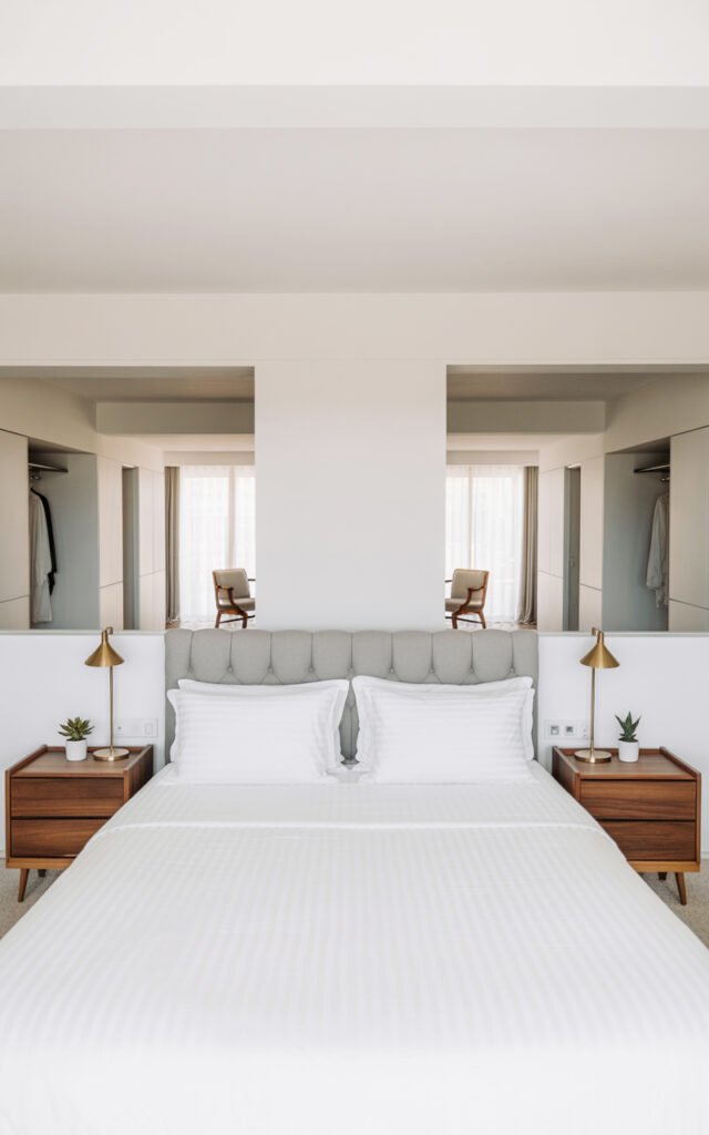 Symmetrical bedroom with matching nightstands and lamps showing fair balanced couple design