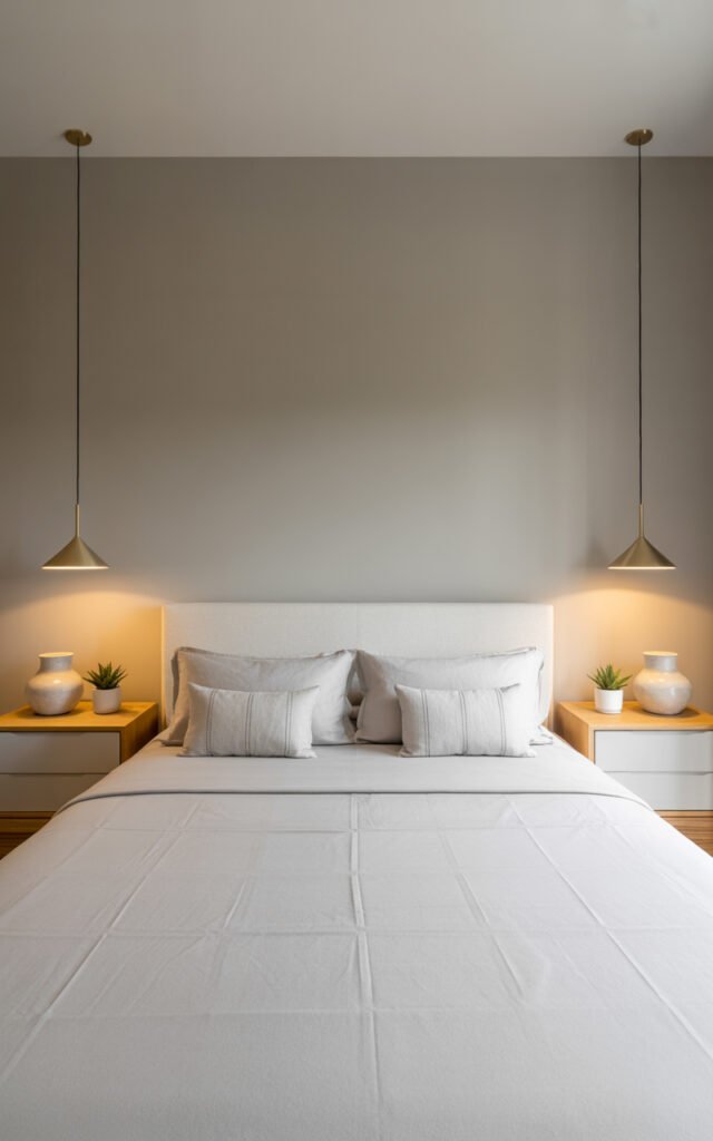 Perfectly symmetrical modern bedroom with centered bed and matching nightstands and lighting