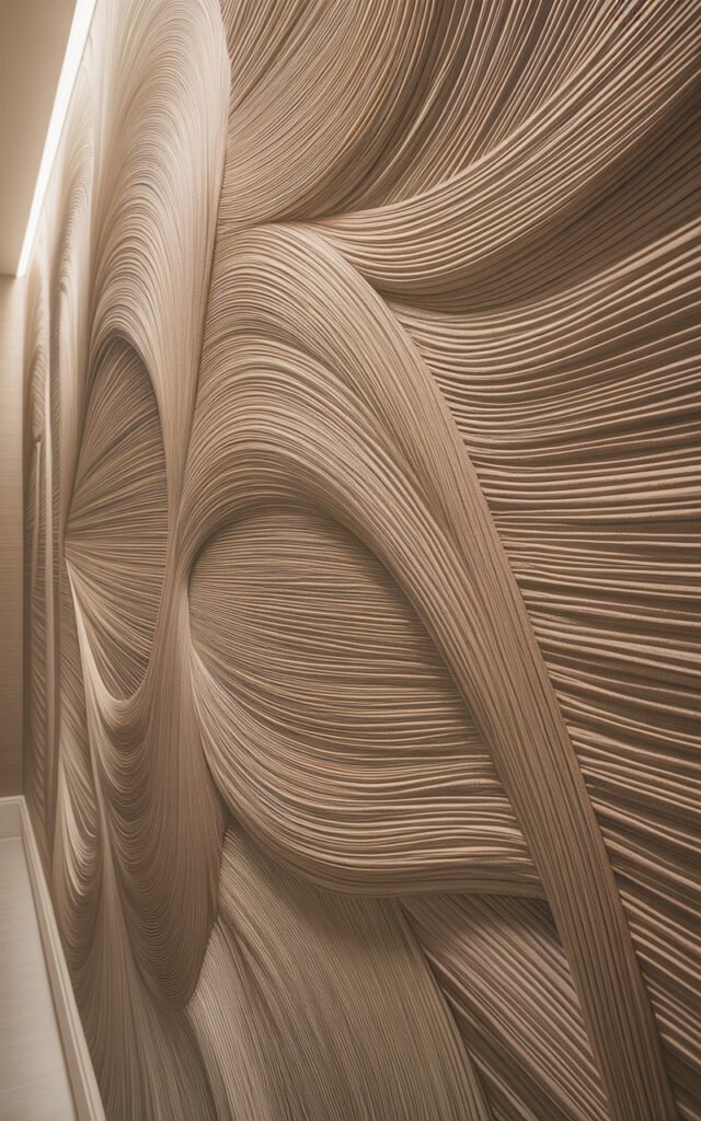 Close-up of textured grasscloth wallpaper creating subtle dimension on hallway wall