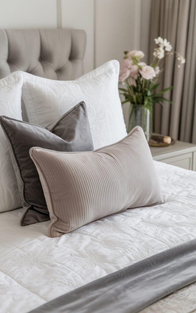 White textured bedding with gray velvet pillows adding feminine touch to neutral bedroom