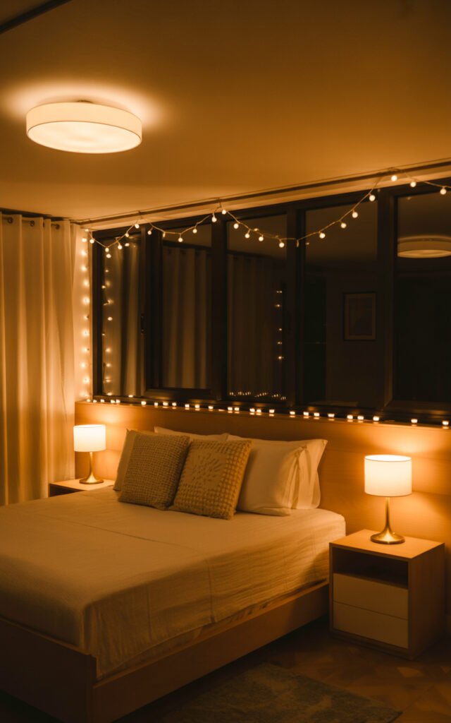 Bedroom with layered lighting including ceiling light bedside lamps and accent lighting