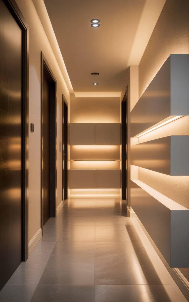 Modern hallway with layered lighting including recessed spots LED strips and ambient glow