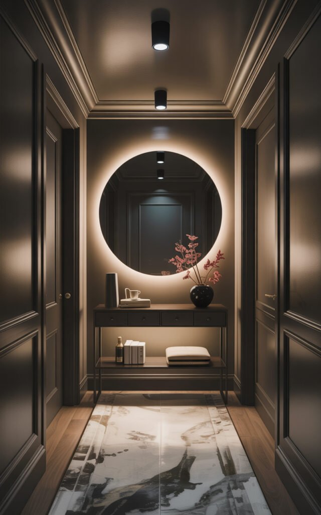 Dark hallway with ambient ceiling lights task lighting from backlit mirror and accent LED strips