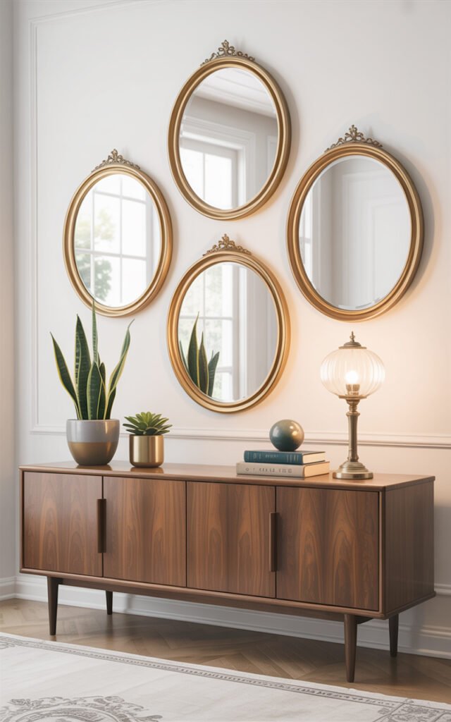 Three vertical oval mirrors with gold frames arranged on wall above credenza with decorative items