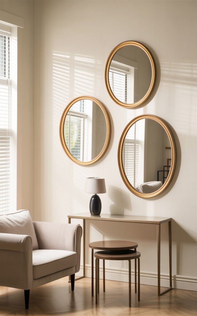 Three oval gold mirrors in small living room reflecting light and creating illusion of space