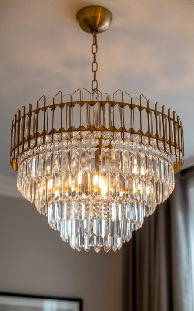 Close-up of tiered crystal chandelier with gold finish showing luxurious lighting detail